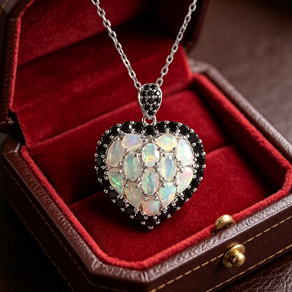 ‘Swan’ Opal Cluster Heart Pendant Necklace – in gift box