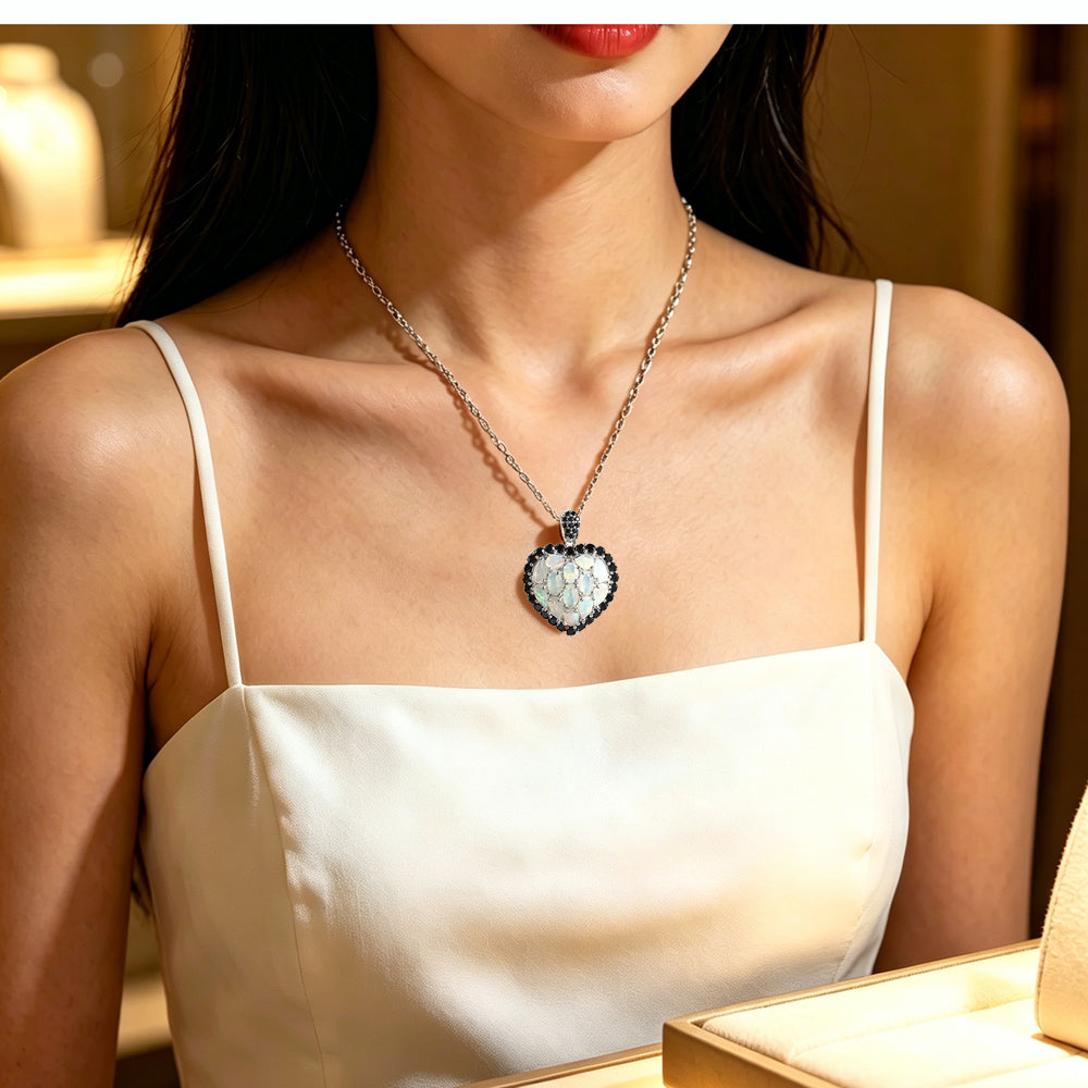 ‘Swan’ Opal Cluster Heart Pendant Necklace – on neck