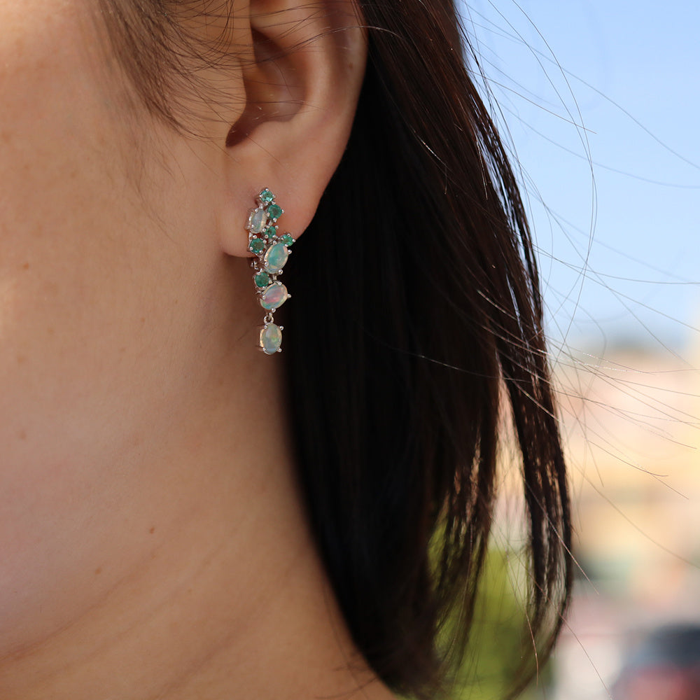 ‘Blakely’ Opal Emerald Cluster Drop Earrings – on ear