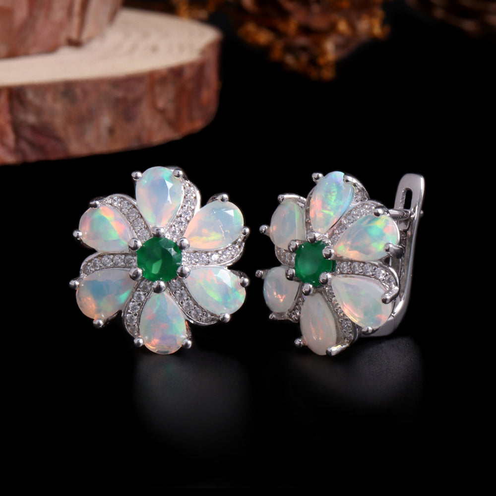 ‘Linden’ Opal Flower Green Agate Earrings