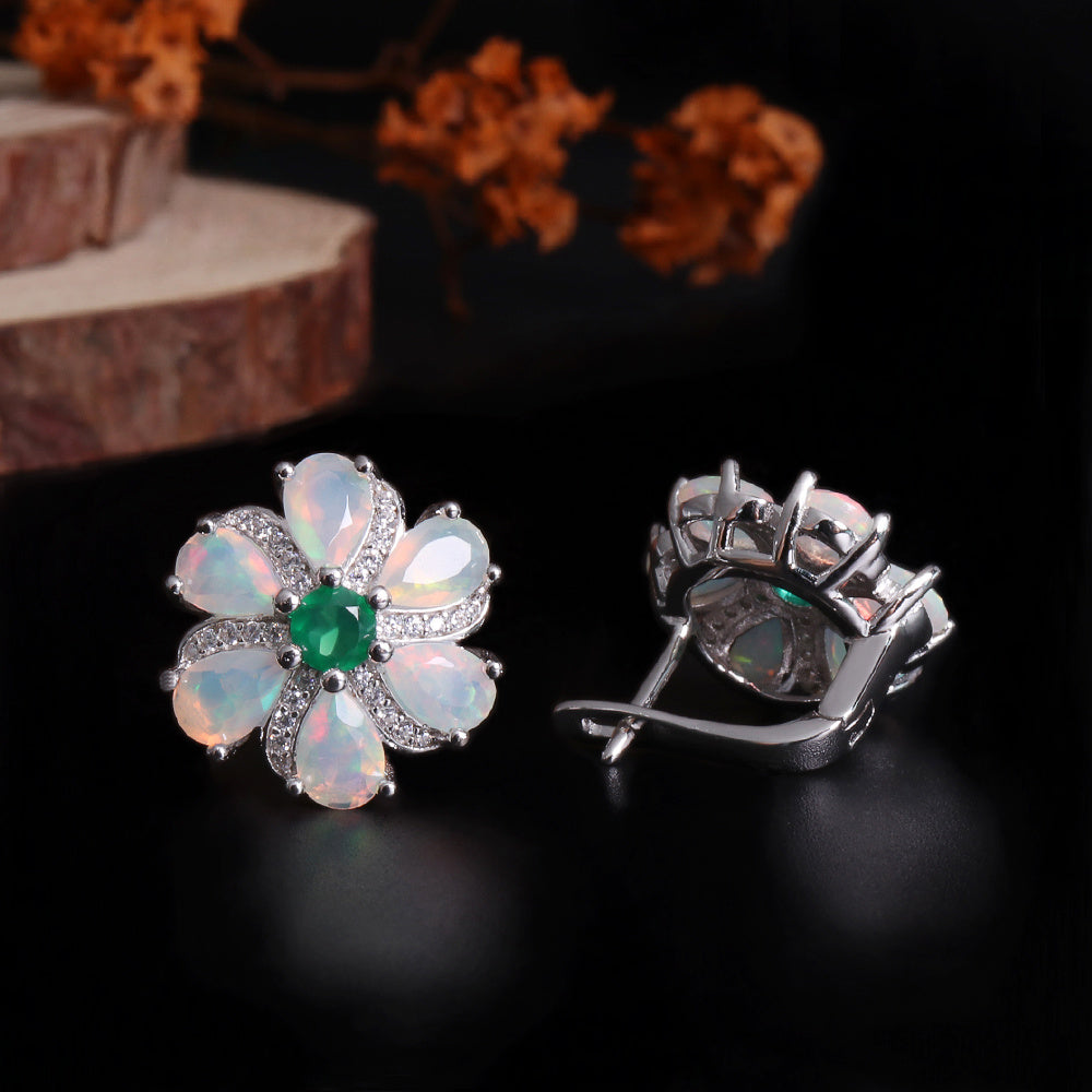 ‘Linden’ Opal Flower Green Agate Earrings – front and back