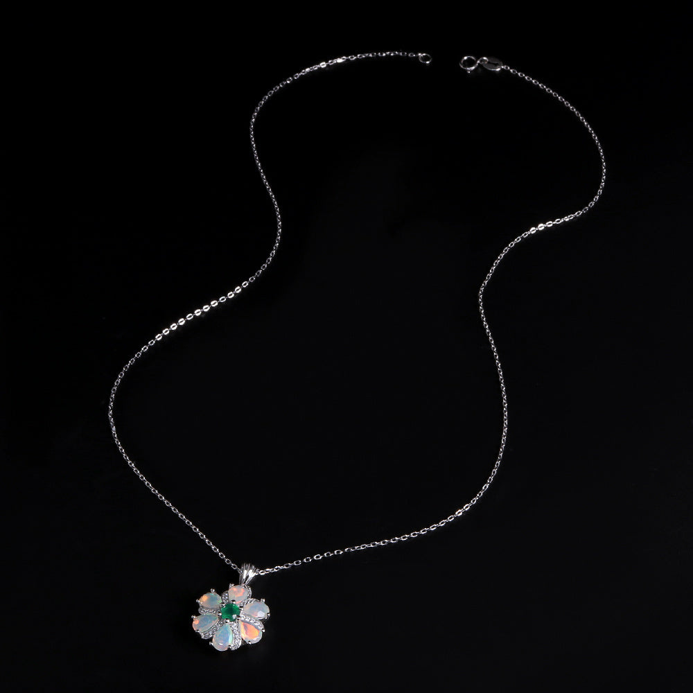 ‘Bridie’ Opal Flower Green Agate Pendant – necklace full length