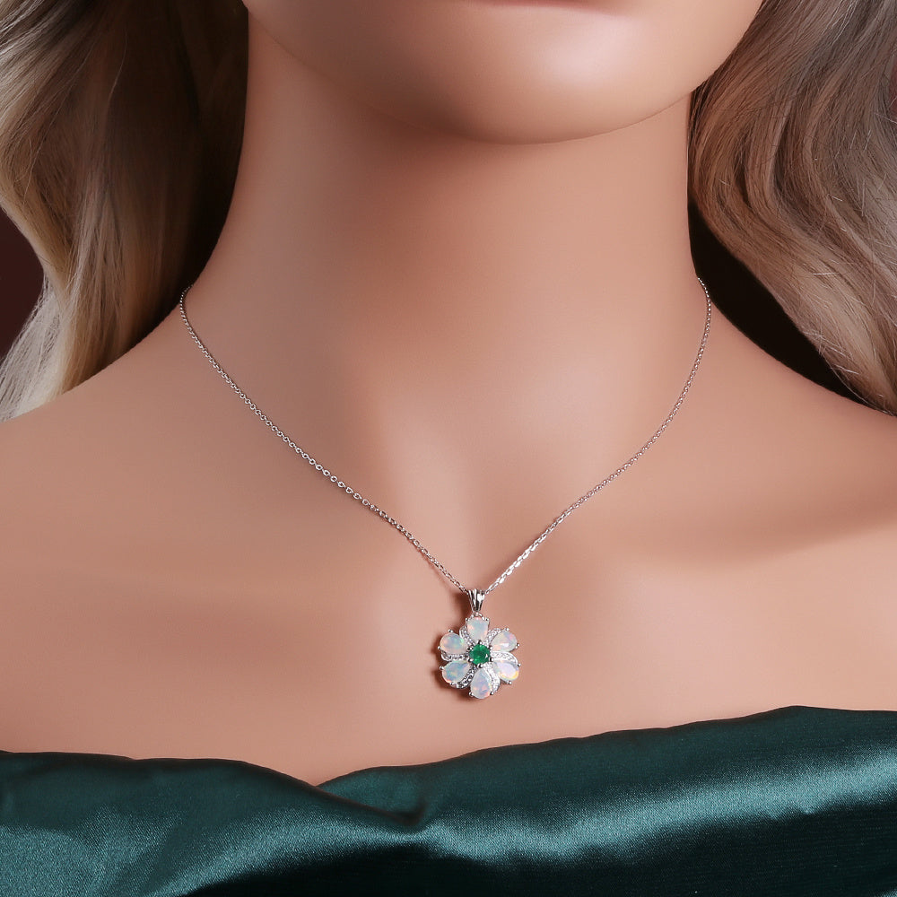 ‘Bridie’ Opal Flower Green Agate Pendant – on neck