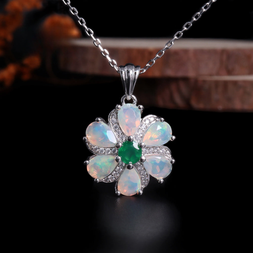 ‘Bridie’ Opal Flower Green Agate Pendant – front wood backdrop