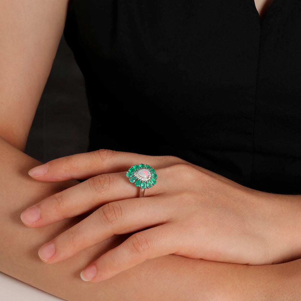 ‘Tillie’ Opal Green Agate Flower Ring – on hand