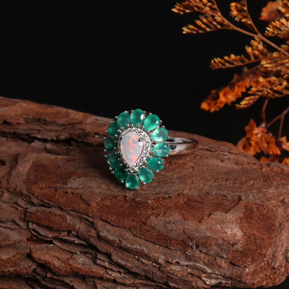 ‘Tillie’ Opal Green Agate Flower Ring – on wood