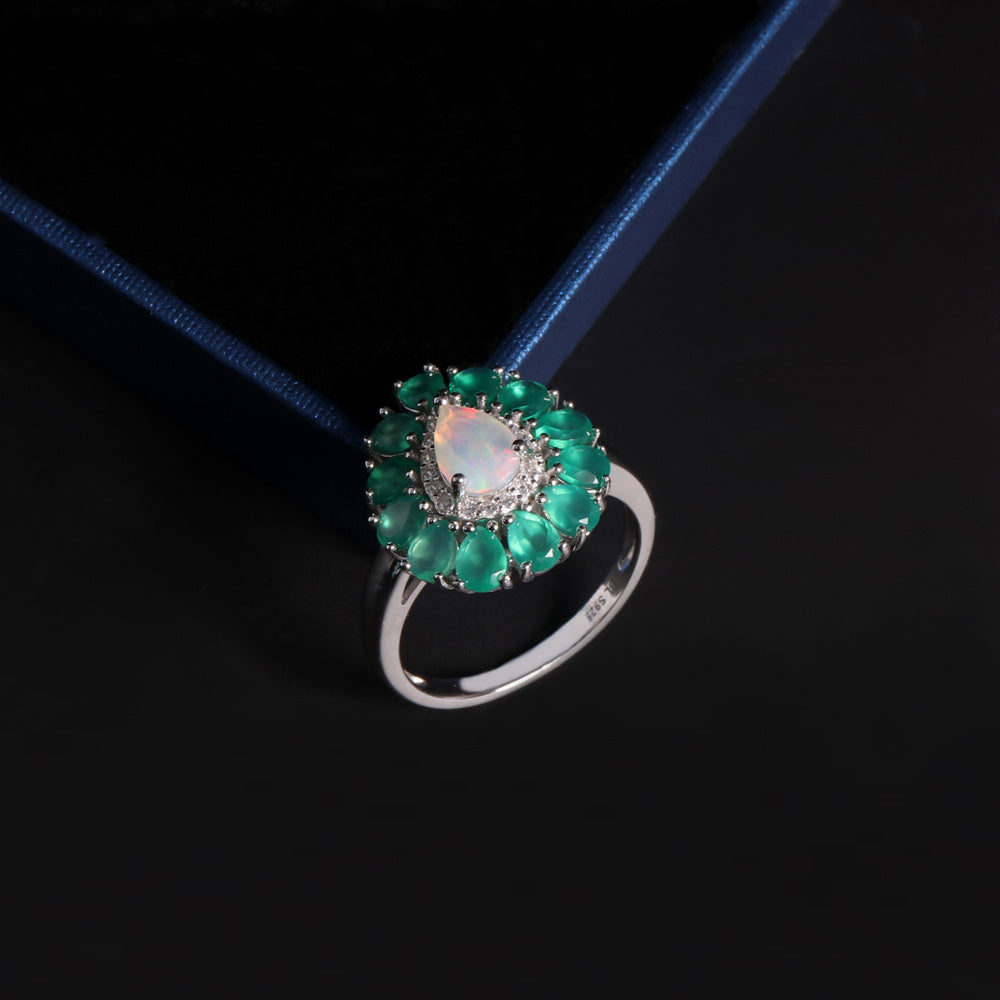 ‘Tillie’ Opal Green Agate Flower Ring – on blue ribbon