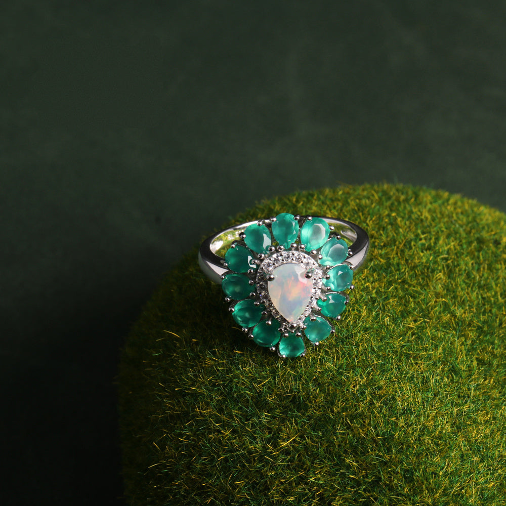 ‘Tillie’ Opal Green Agate Flower Ring – on moss