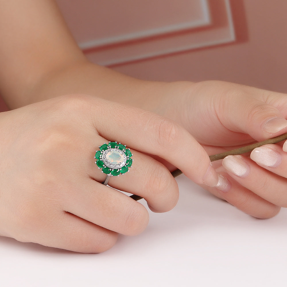 ‘Imogen’ Opal Green Agate Halo Ring – on hand