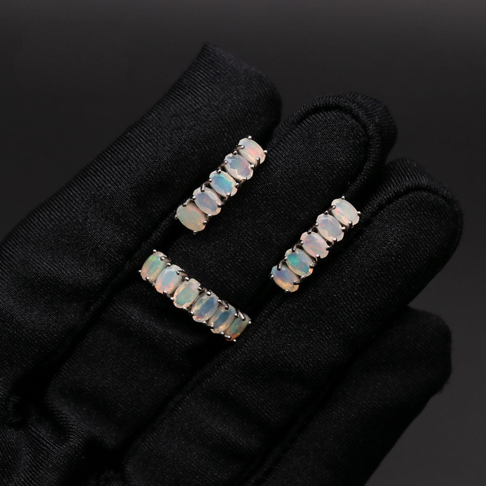 ‘Lacey’ Opal Row Ring Earring Set – on black glove
