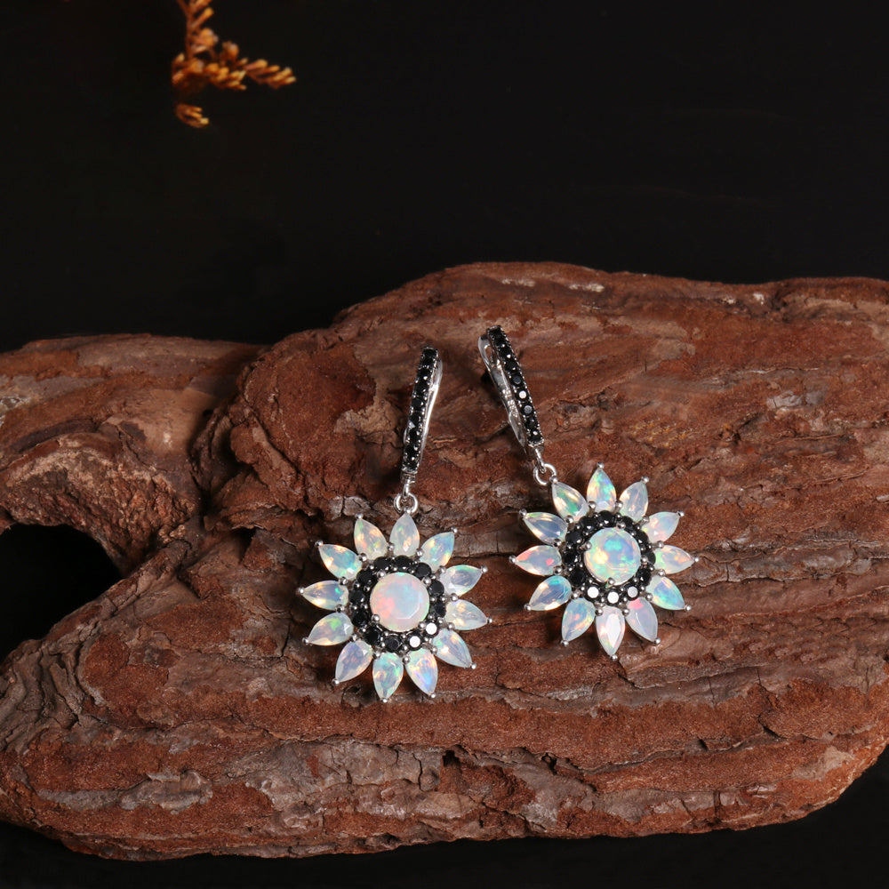 ‘Sunny’ Opal Sunflower Drop Earrings – on wood