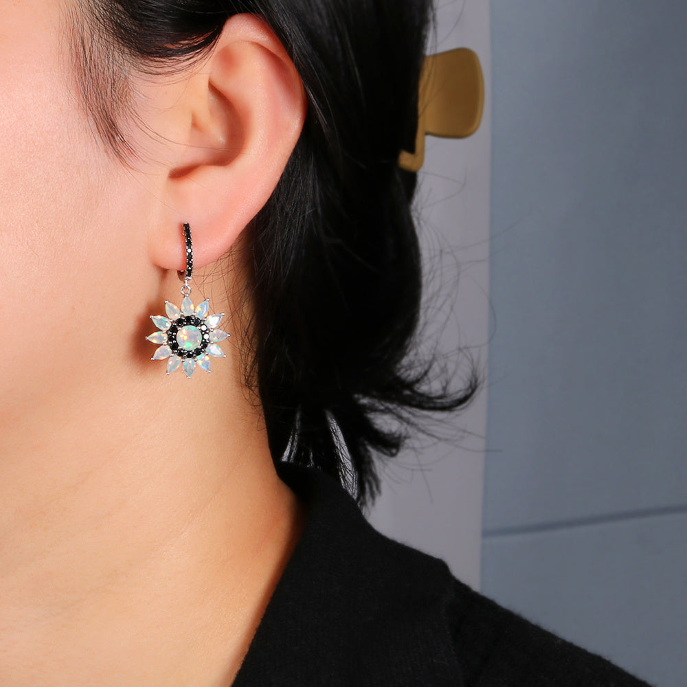 ‘Sunny’ Opal Sunflower Drop Earrings – on ear
