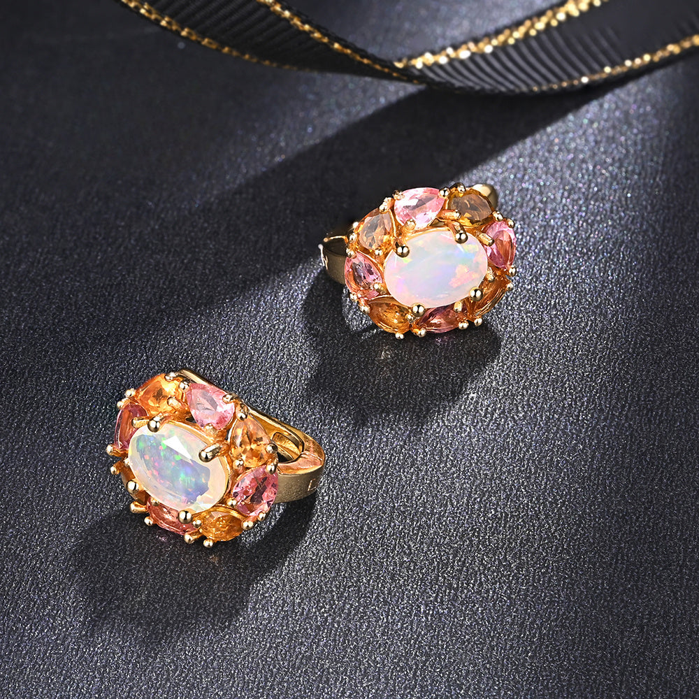 ‘Finch’ Opal Tourmaline Flower Halo Earrings – on fabric