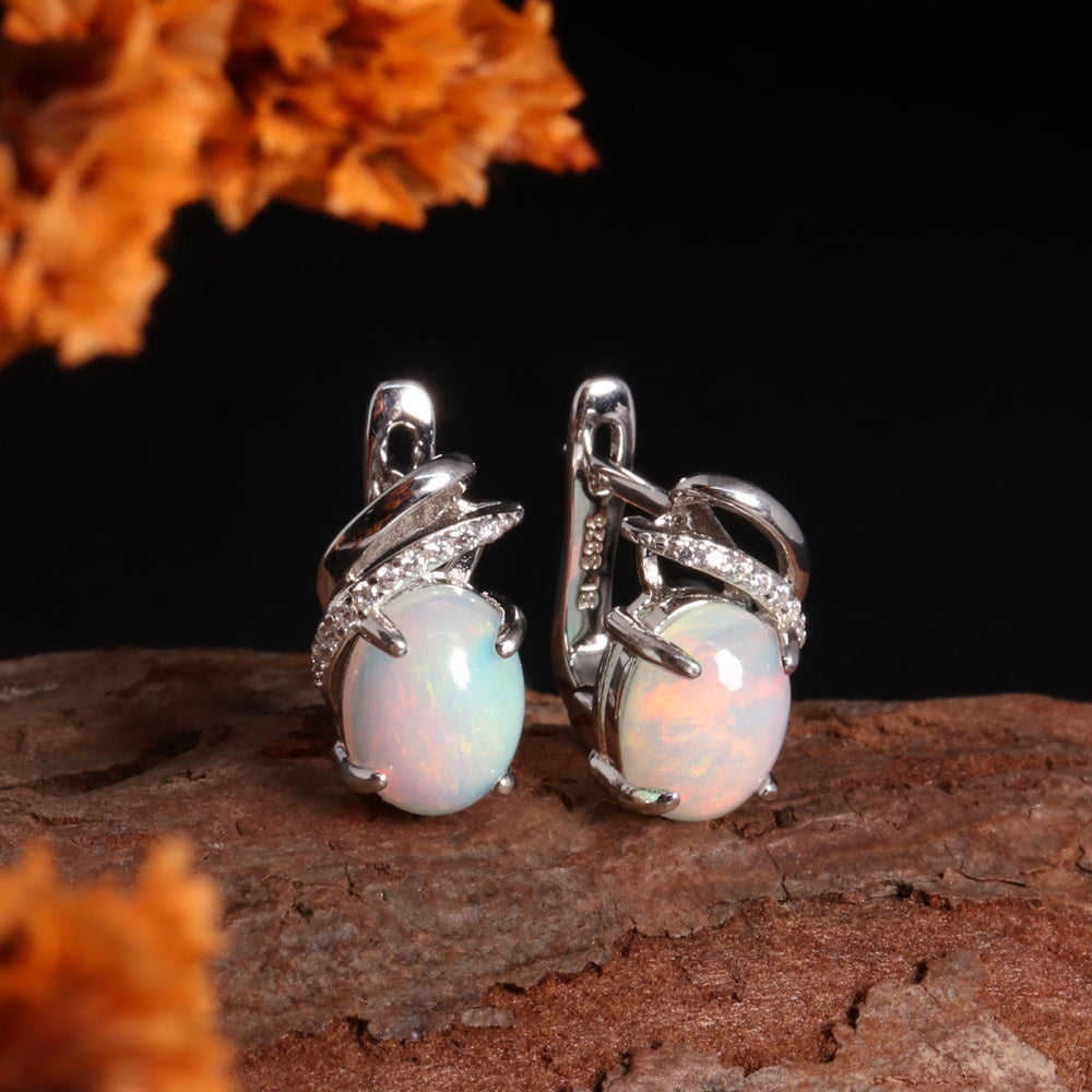 ‘Cedar’ Oval Cabochon Opal Leaf Earrings – on wood