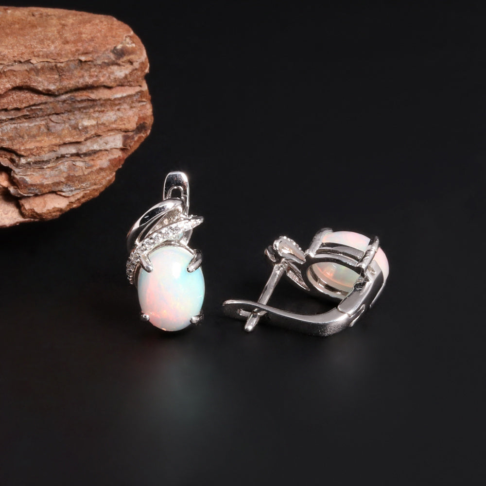 ‘Cedar’ Oval Cabochon Opal Leaf Earrings – side view