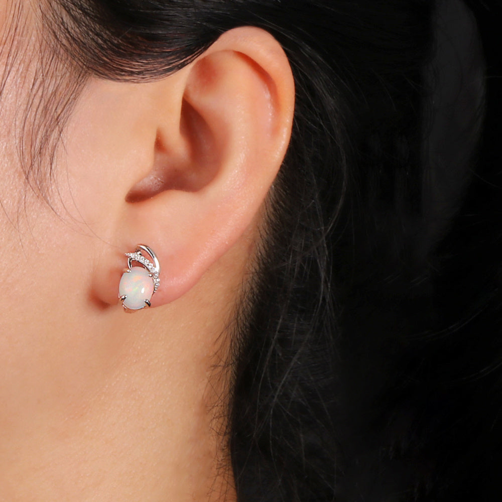 ‘Cedar’ Oval Cabochon Opal Leaf Earrings – on ear