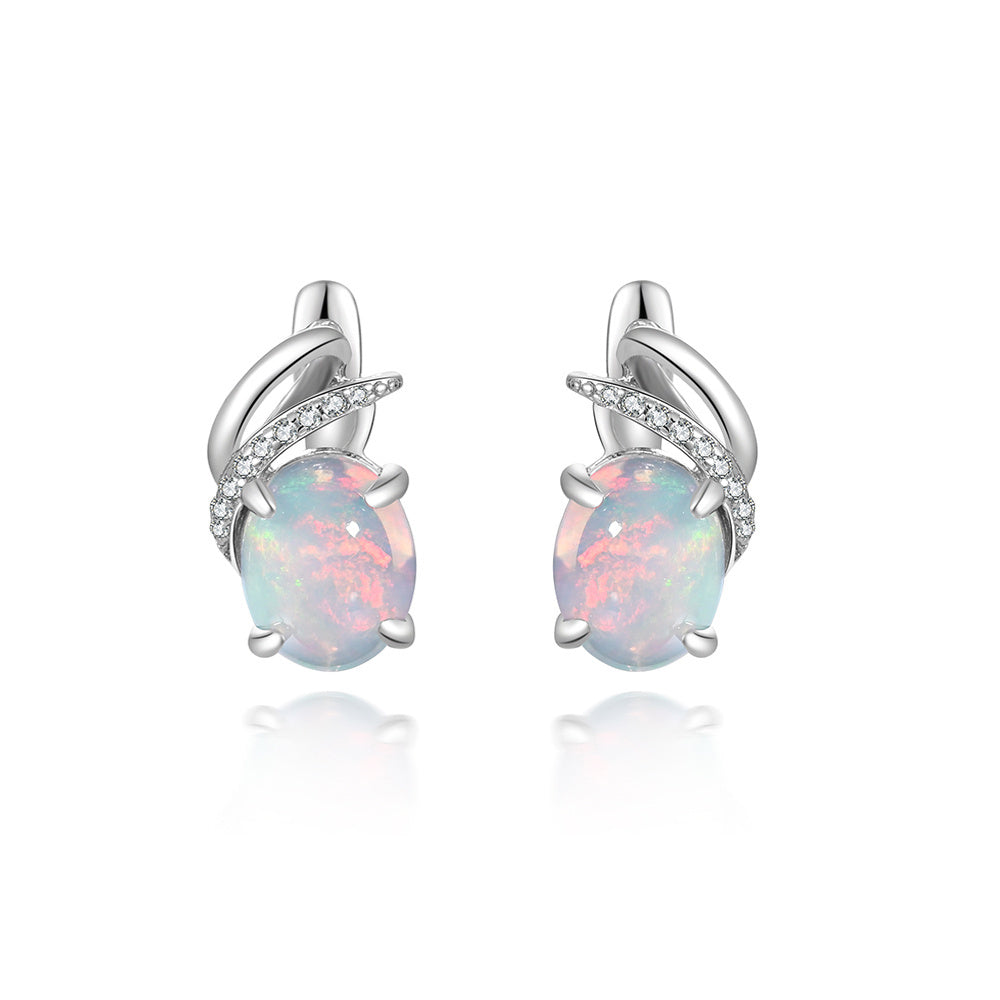 ‘Cedar’ Oval Cabochon Opal Leaf Earrings – front pair white