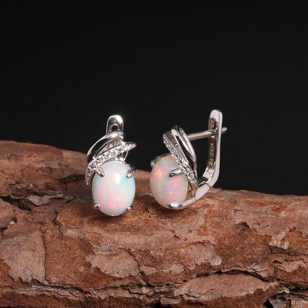 ‘Cedar’ Oval Cabochon Opal Leaf Earrings – on bark