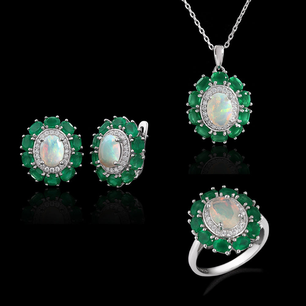 ‘Kallista’ Oval Opal Agate Halo Set