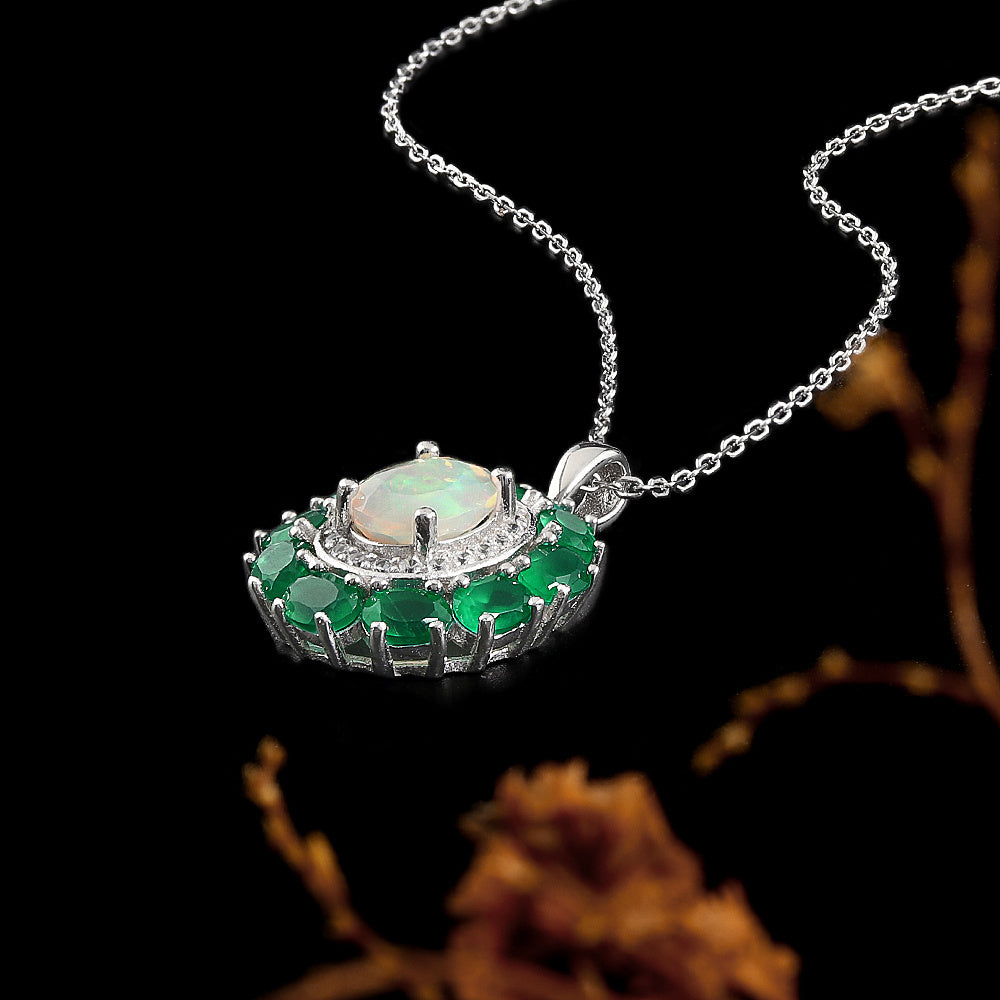 ‘Kallista’ Oval Opal Agate Halo Set – pendant with chain