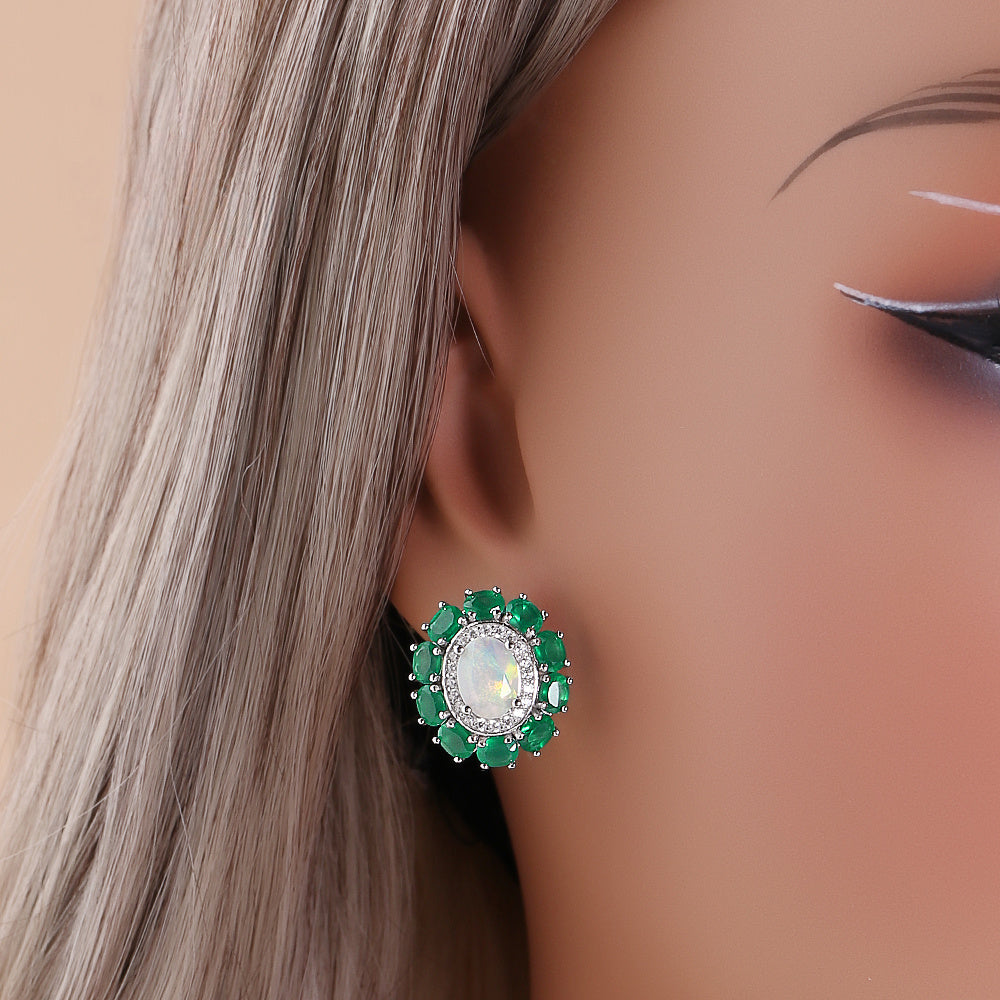‘Kallista’ Oval Opal Agate Halo Set – earring on ear