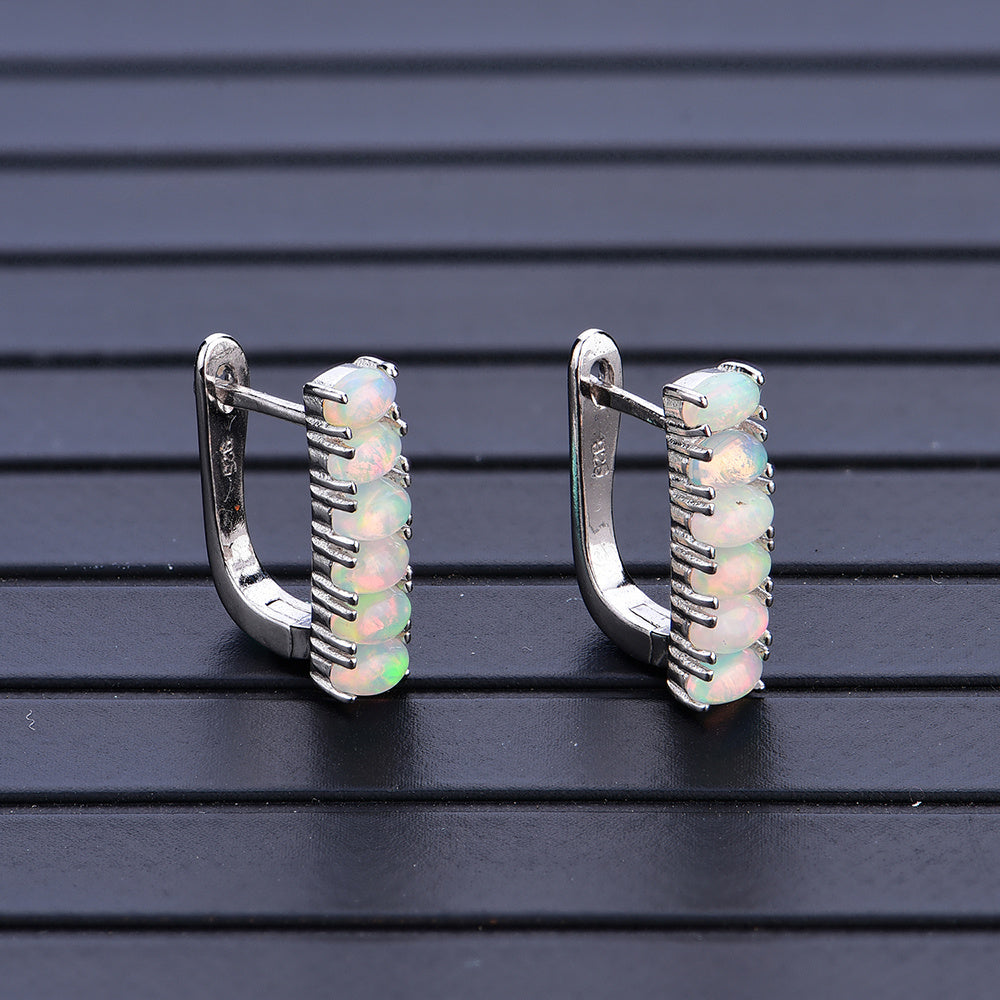 ‘Stevie’ Oval Opal Bar Huggie Earrings – standing pair