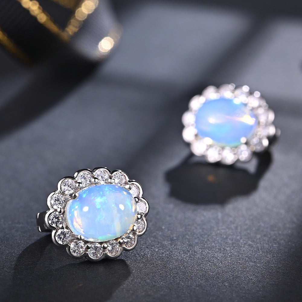 ‘Sutton’ Oval Opal Cabochon Halo Earrings – close up