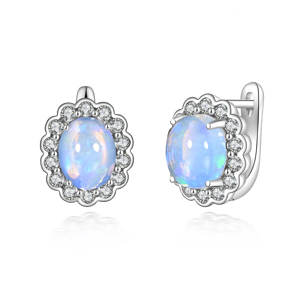 ‘Sutton’ Oval Opal Cabochon Halo Earrings – front and side