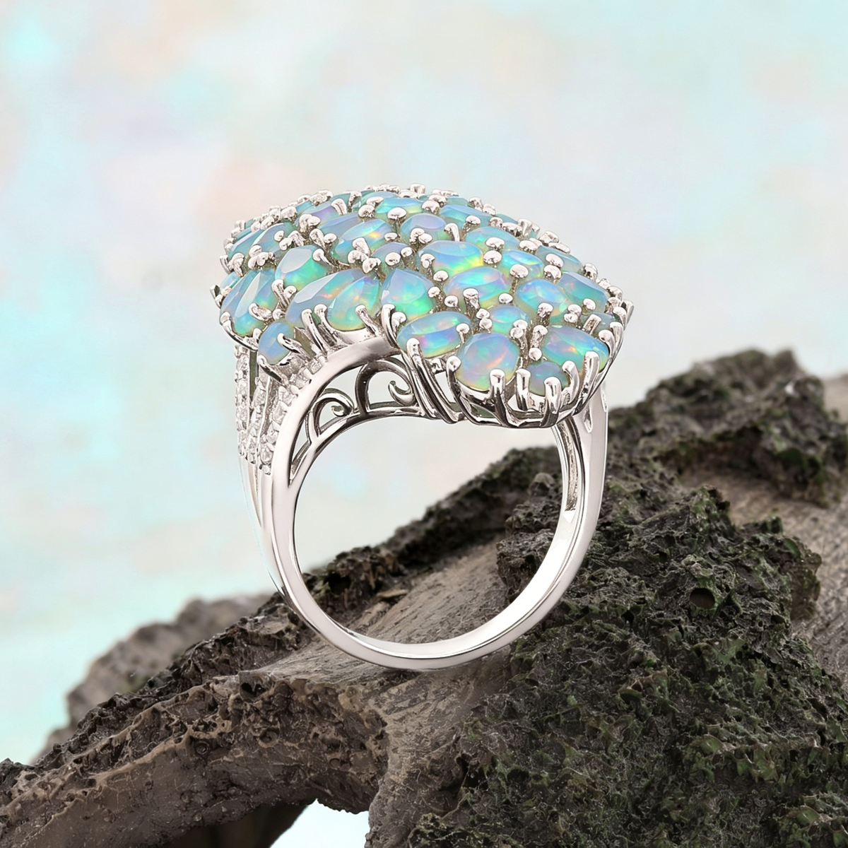 ‘Mattie’ Oval Opal Cluster Cocktail Ring – side on rock