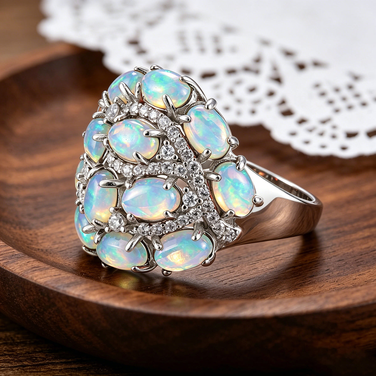 ‘Leigh’ Oval Opal Cluster Cocktail Ring – close up