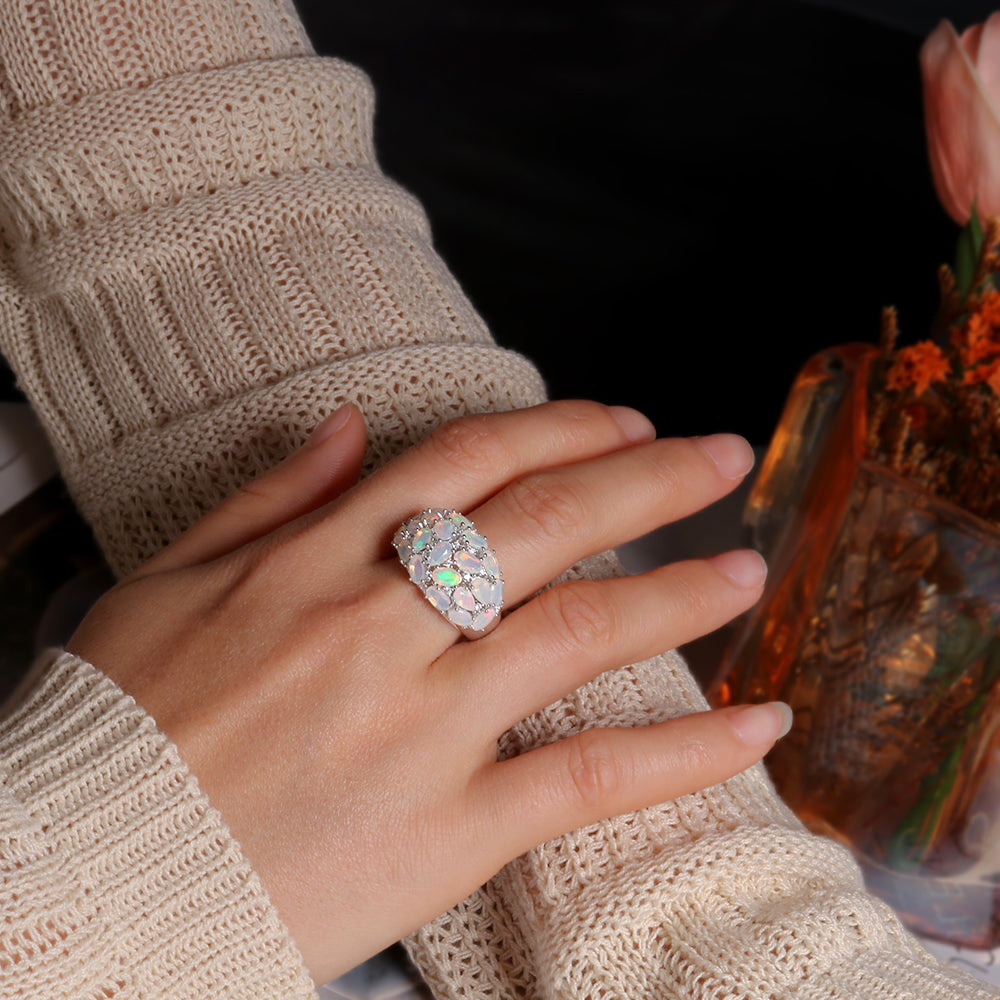 ‘Addie’ Oval Opal Cluster Dome Ring – white on hand