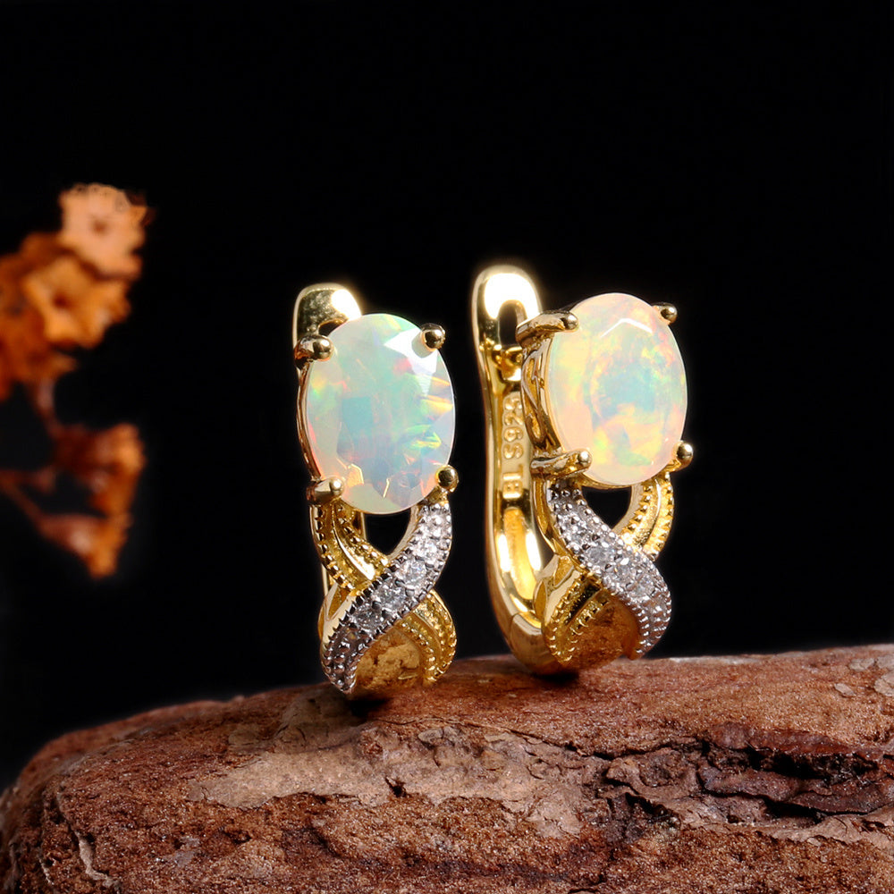 ‘Byron’ Oval Opal Crossover Leverback Earrings