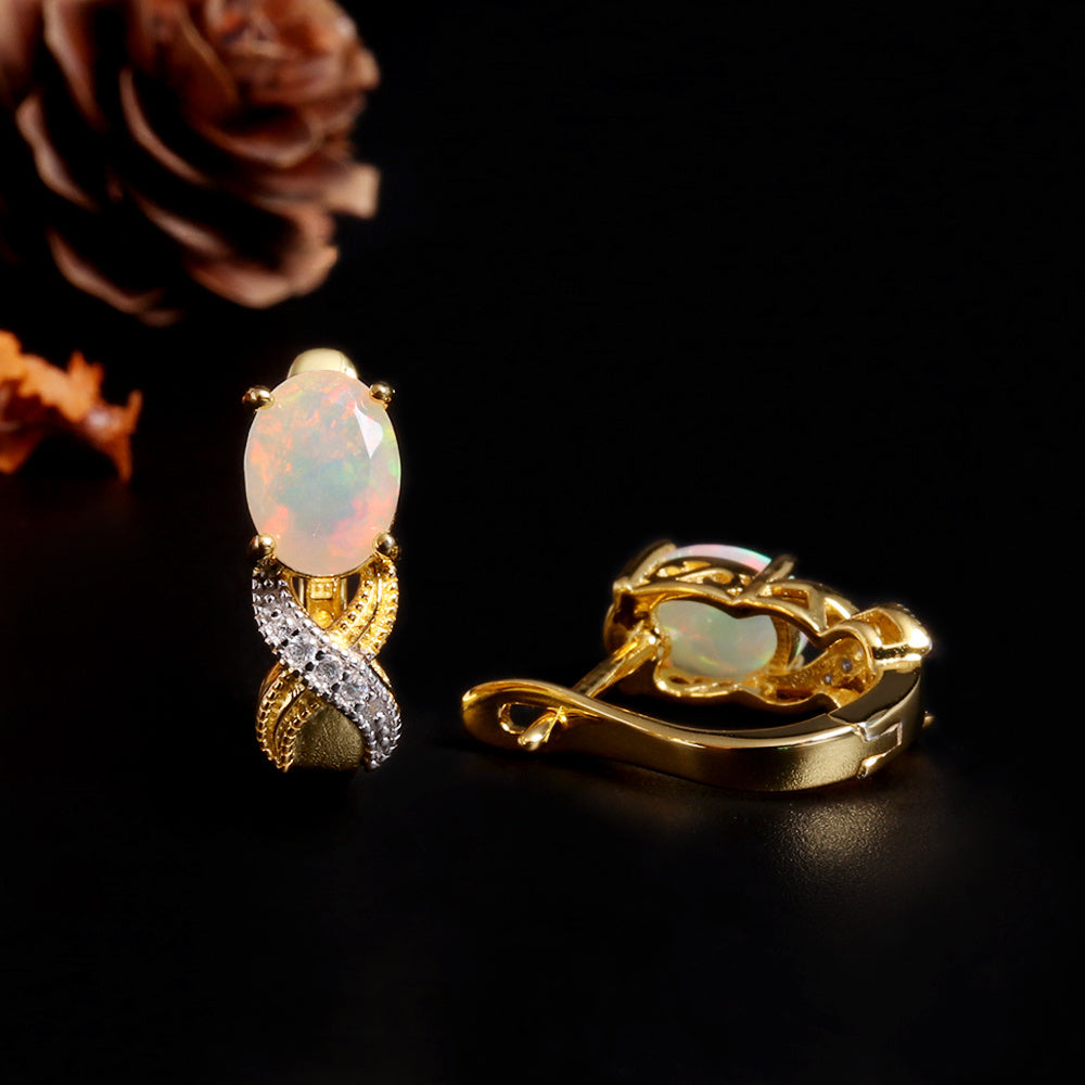 ‘Byron’ Oval Opal Crossover Leverback Earrings – front and back