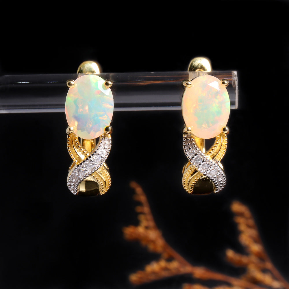 ‘Byron’ Oval Opal Crossover Leverback Earrings – on display stand