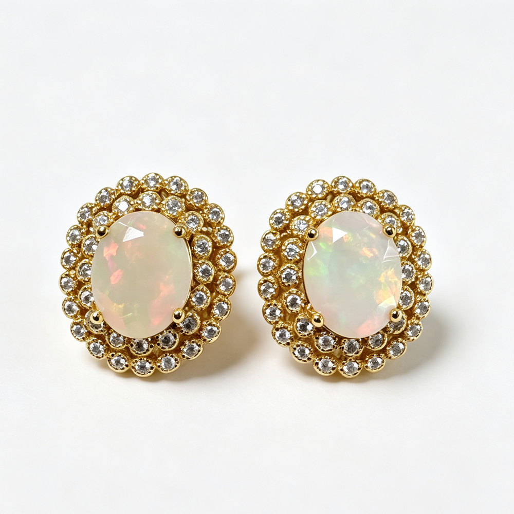 ‘Faith’ Oval Opal Double Halo Earrings – front pair