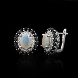 ‘Edith’ Oval Opal Double Halo Earrings (7 × 9 mm) – side view