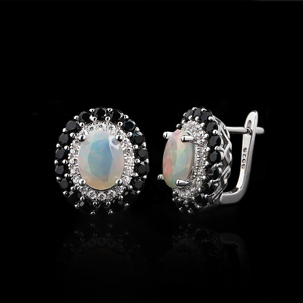 ‘Edith’ Oval Opal Double Halo Earrings (7 × 9 mm) – side view
