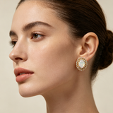 ‘Faith’ Oval Opal Double Halo Earrings – on model profile