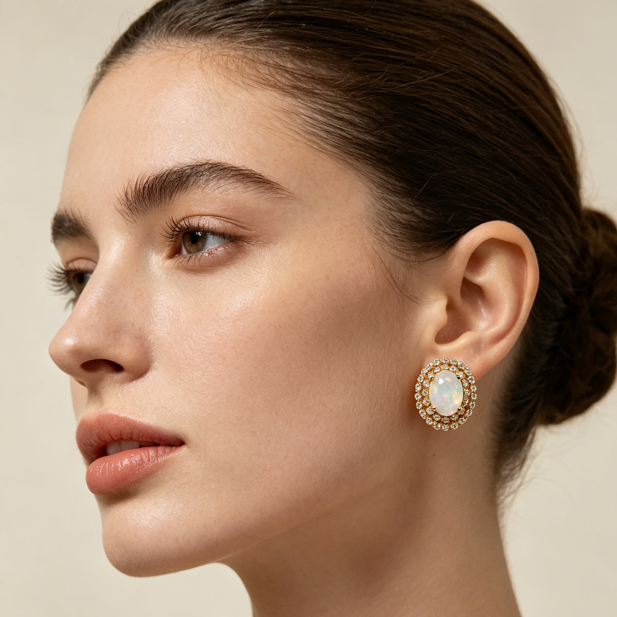 ‘Faith’ Oval Opal Double Halo Earrings – on model portrait