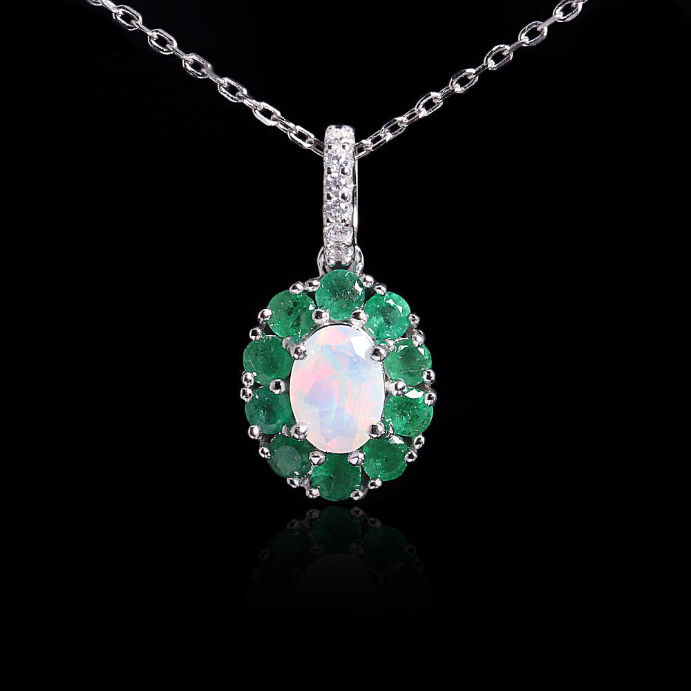 ‘Bexley’ Oval Opal Emerald Halo Pendant