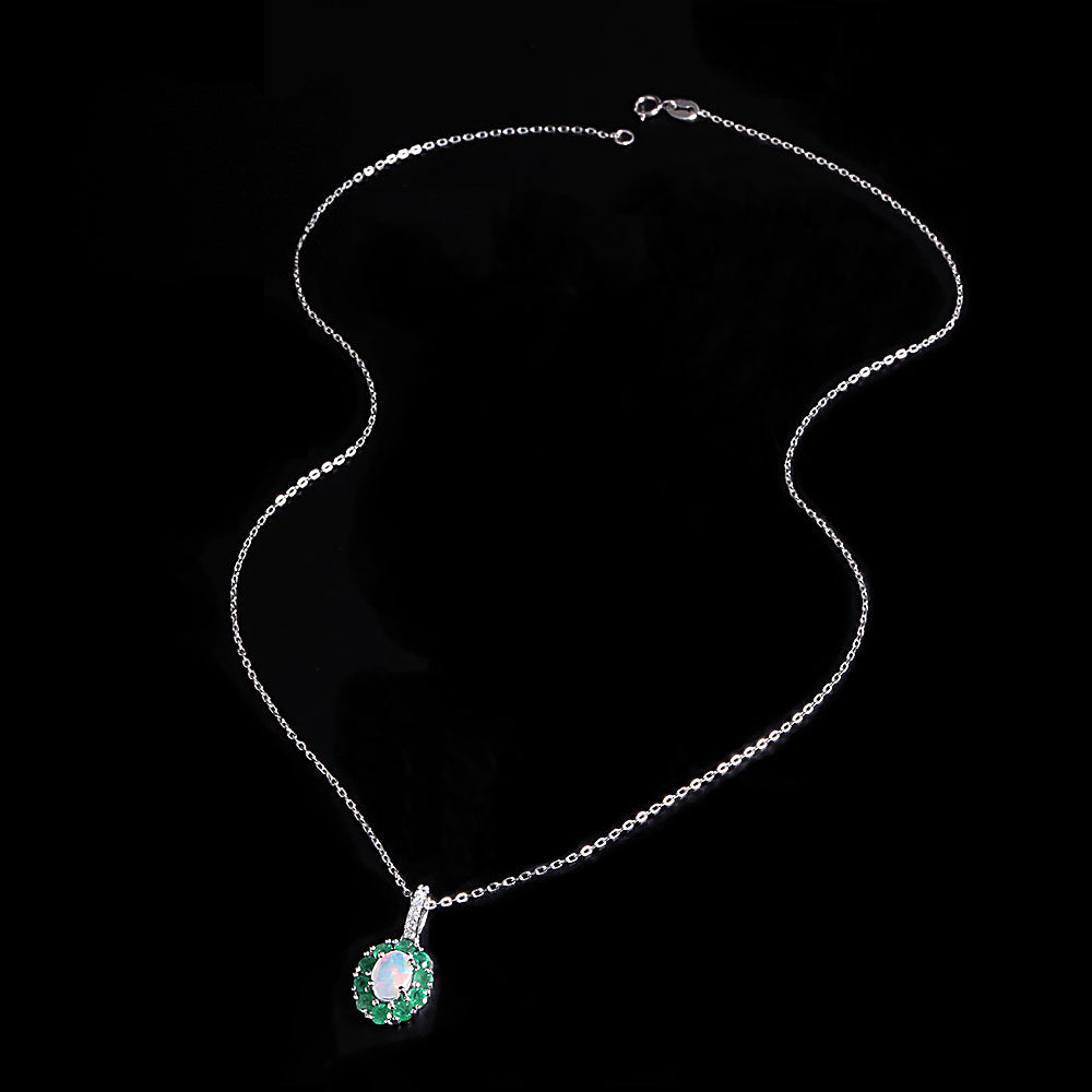 ‘Bexley’ Oval Opal Emerald Halo Pendant – full necklace