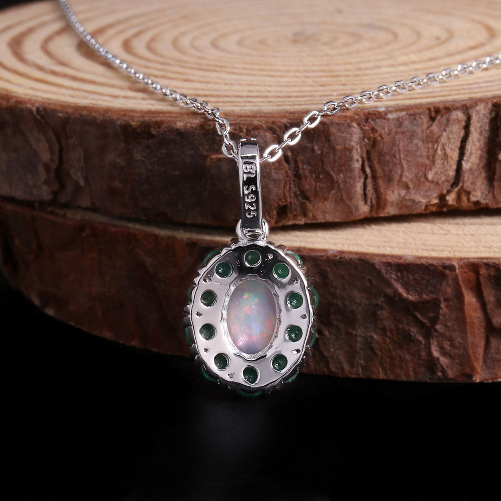 ‘Bexley’ Oval Opal Emerald Halo Pendant – back view