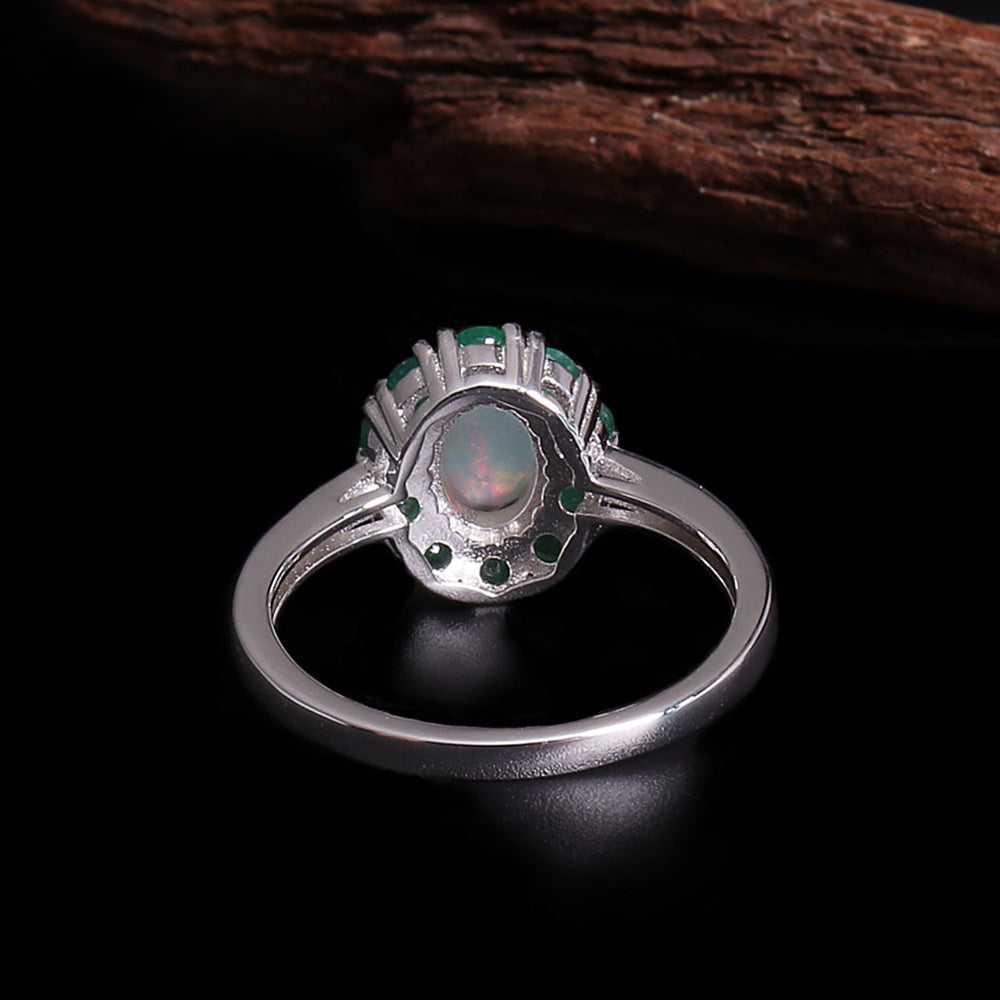 ‘Sylvie’ Oval Opal Emerald Halo Set – ring back view