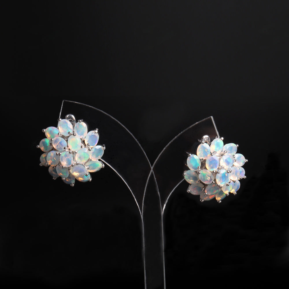‘Primrose’ Oval Opal Flower Cluster Earrings – on display stand