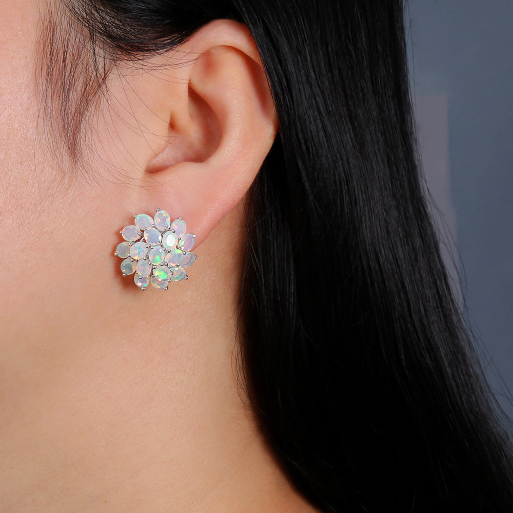 ‘Primrose’ Oval Opal Flower Cluster Earrings – on ear