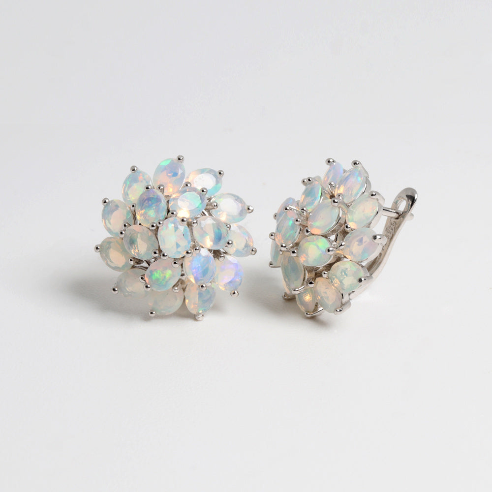 ‘Primrose’ Oval Opal Flower Cluster Earrings – front white
