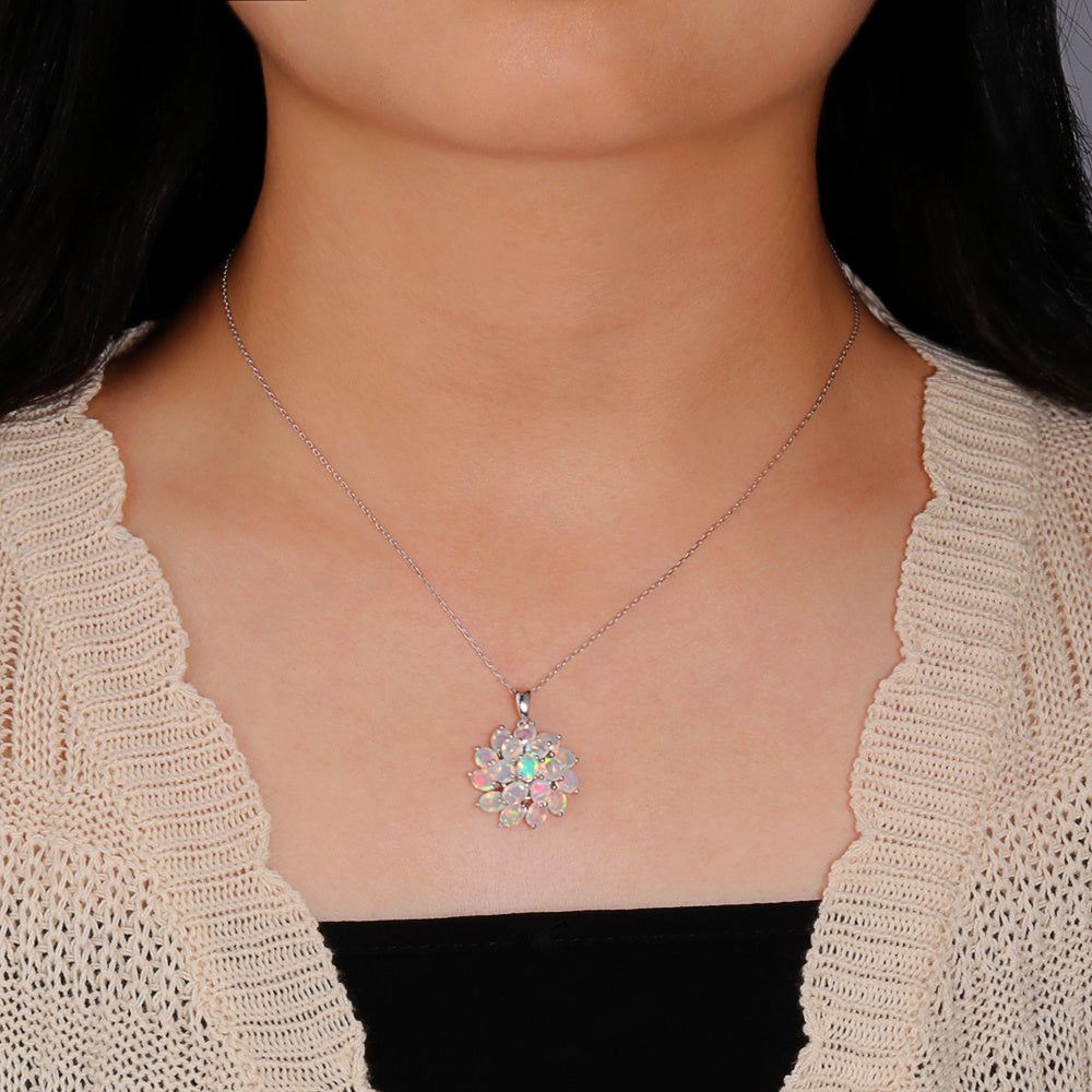 ‘Bluebell’ Oval Opal Flower Cluster Pendant – on neck