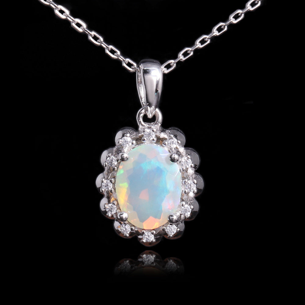 ‘Snowy’ Oval Opal Flower Halo Pendant