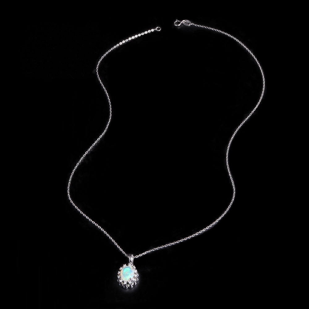 ‘Snowy’ Oval Opal Flower Halo Pendant – full chain