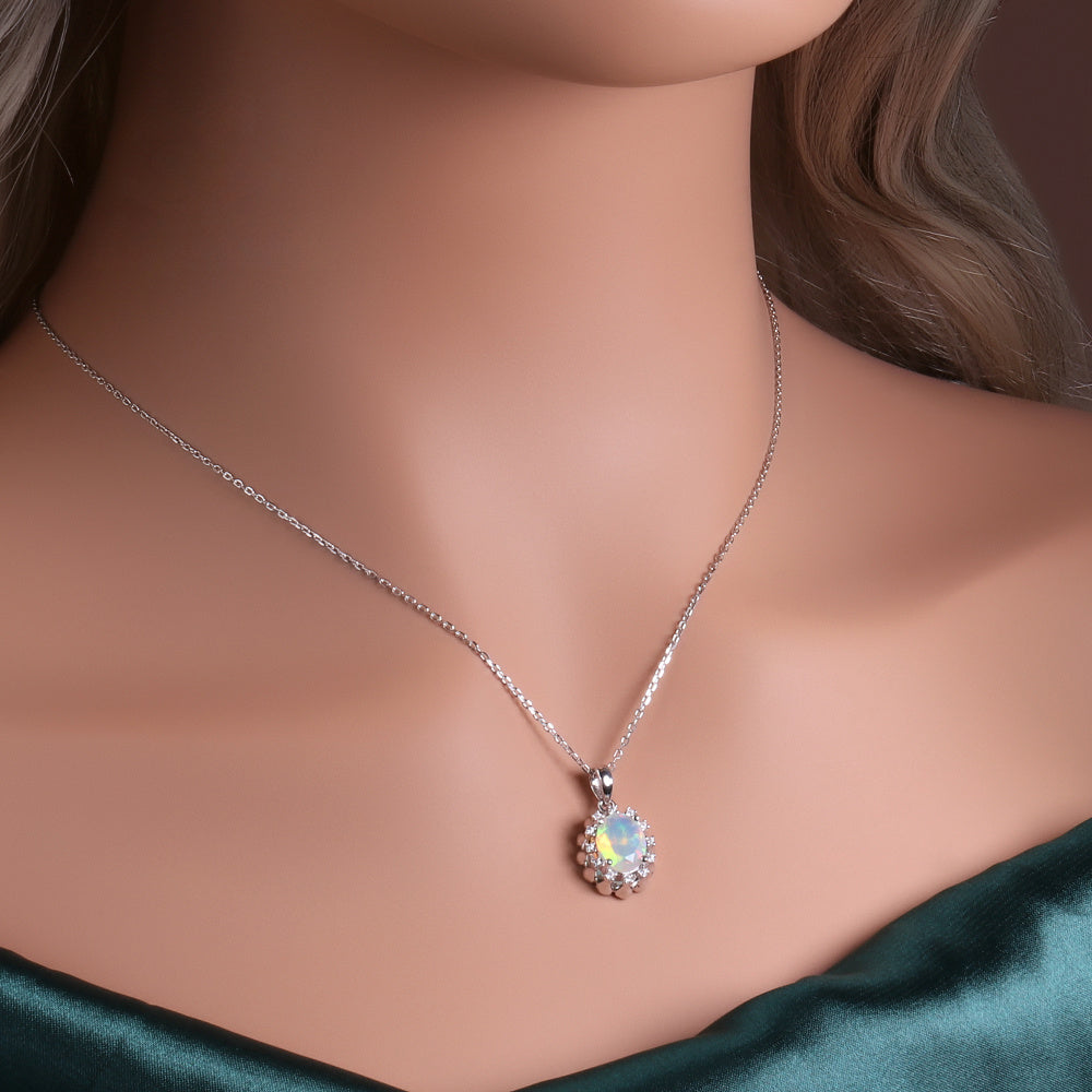 ‘Snowy’ Oval Opal Flower Halo Pendant – on neck